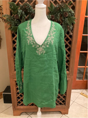 Tweeds Linen Costal Green Embroidered Tunic Top Size 1X Boho